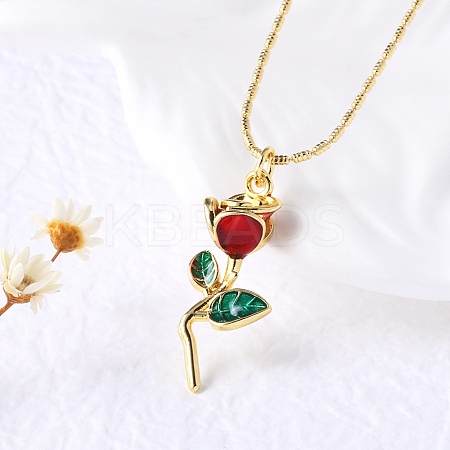 Brass FireBrick Enamel Rose Pendant Necklaces for Women NJEW-U042-01A-G-1
