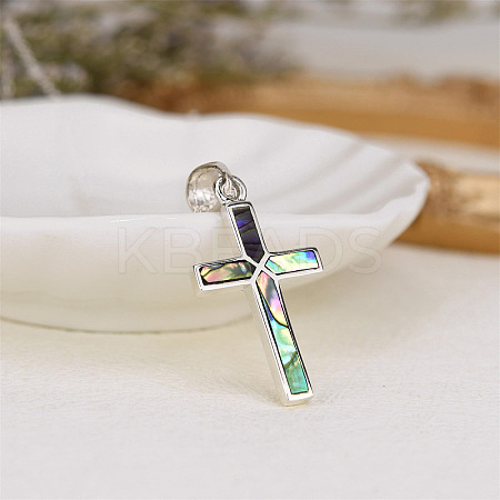 304 Stainless Steel Pave Natural Paua Shell Religion Cross Pendant Necklaces for Women FS-WG66782-01-1