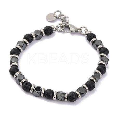 Natural Lava Rock & Synthetic Hematite Round Beaded Bracelet BJEW-P339-02P-08-1