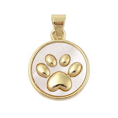 Dog Paw Print Rack Plating Brass with Natural Shells Pendants KK-Z074-25G-1