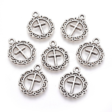 Tibetan Style Flat Round with Cross Alloy Pendants LS-X-TIBEP-Q054-07AS-RS-1