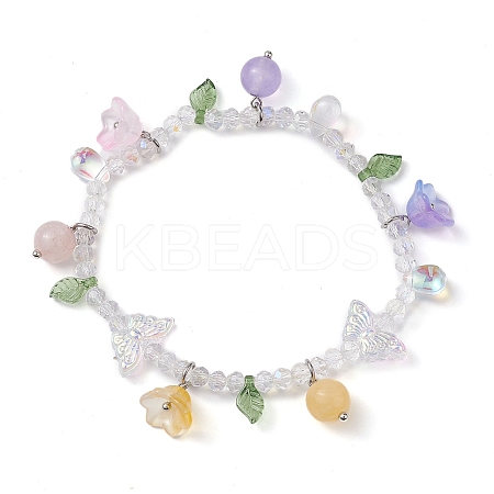 Dyed Natural Mixed Stone & Glass Beaded Stretch Bracelet with Flower Charms BJEW-JB10176-04-1