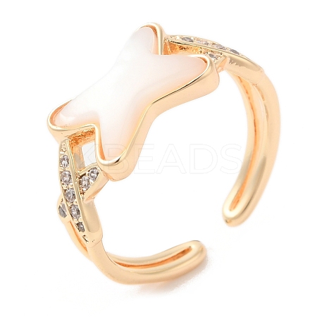 Natural Shell Criss Cross Open Cuff Ring with Cubic Zirconia RJEW-G288-05G-1
