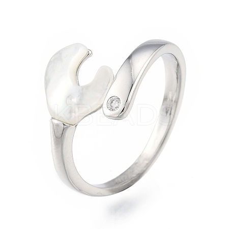 Natural Shell Heart Open Cuff Ring with Clear Cubic Zirconia RJEW-N039-09P-1