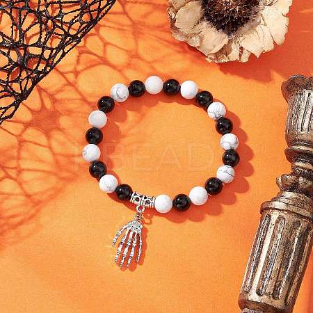 Halloween Brass Skeleton Hand Charm Natural Howlite and Black Onyx (Dyed & Heated) Round Beaded Stretch Bracelets BJEW-TA00683-1