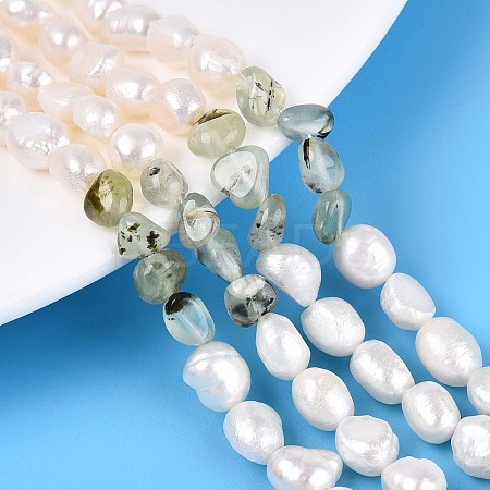 Natural Prehnite Nuggets & Natural Cultured Freshwater Pearl Beads Strands PEAR-N023-01A-10-1