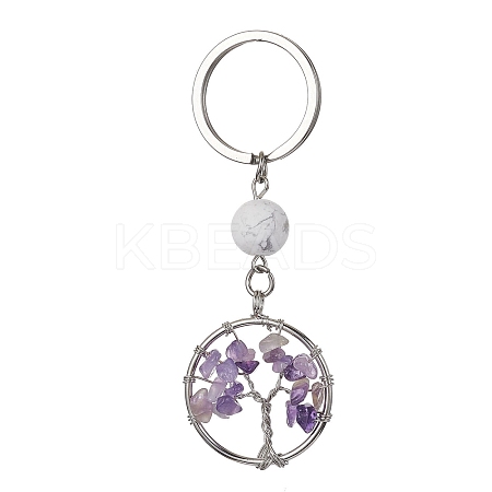 Natural Amethyst & Howlite  Chips Flat Round with Tree of Life Kcychain KEYC-JKC00563-04-1