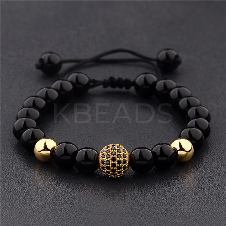 Round Natural Black Onyx(Dyed & Heated) & Brass Pave Cubic Zirconia Braided Bead Bracelets for Women Men QX9034-1-1