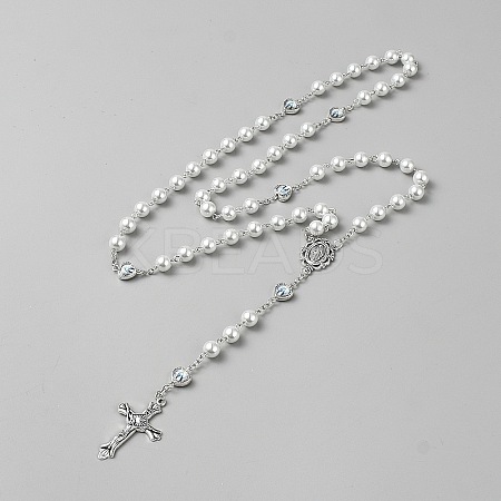 Jesus Cross Virgin Zinc Alloy Pendant Glass Pearl Round Rosary Bead Necklaces for Women Men NJEW-WH0022-21-1