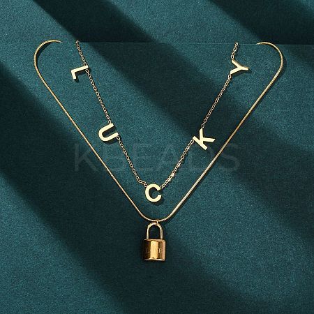 304 Stainless Steel Luck Lock Pendant Double Layer Necklaces for Women NJEW-F346-08G-1