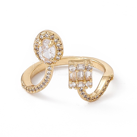 Clear Cubic Zircon Flat Teardrop & Square Open Cuff Ring RJEW-B043-10-1