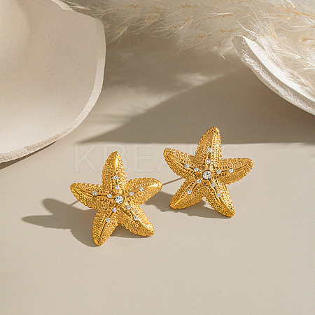 Starfish 304 Stainless Steel Rhinestone Stud Earrings LS-EJEW-P332-04G-1