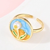 Brass Sky Blue Enamel Flower Cuff Rings RJEW-C139-17C-G-3