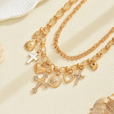 Alloy Crystal Rhinestone and Enamel Cross Heart Multi-Charm Double Layer Necklaces for Women WGEBEB6-01-1
