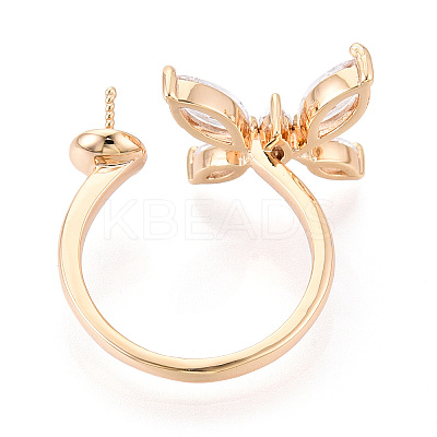 Butterfly Shape Brass Micro Pave Clear Cubic Zirconia Cuff Ring Settings for Half Drilled Beads KK-T076-47G-1