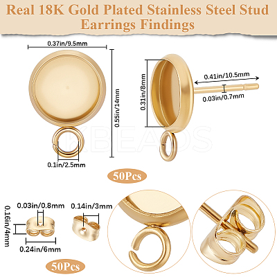 50Pcs Flat Round 304 Stainless Steel Stud Earrings Findings STAS-BBC0005-85B-1