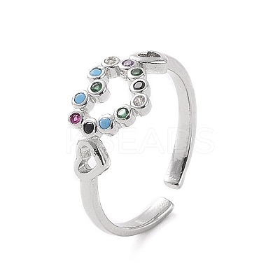 Colorful Cubic Zirconia Double Heart Open Cuff Ring RJEW-C061-02P-1