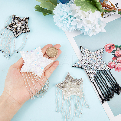 4Pcs 4 Style Star with Glass Bead Tassels Appliques DIY-BC0006-54-1