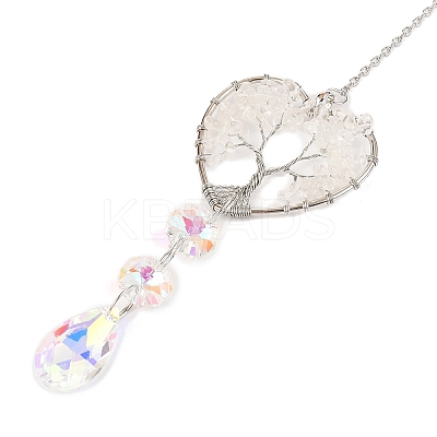 Wire Wrapped Natural Quartz Crystal Heart with Tree of Life Pendant Decorations HJEW-K046-02P-04-1
