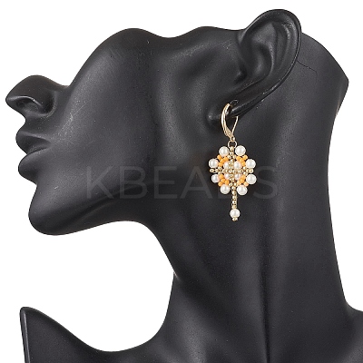 Flower with Cross 304 Stainless Steel Earrings Glass Seeds Leverback Earrings EJEW-MZ00507-01-1