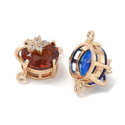 Brass Pave Faceted Glass Flat Round Connector Charms KK-G517-09G-1