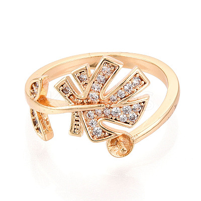 Tropical Leaf Shape Brass Micro Pave Clear Cubic Zirconia Cup Peg Ring Settings KK-T076-12G-1