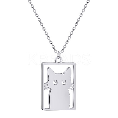 304 Stainless Steel Laser Cut Rectangle with Cat Shape Pendant Necklaces FS-WGDBF09-02-1