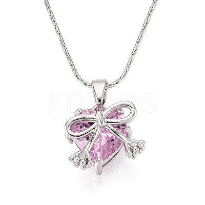 Brass Cubic Zirconia Heart with Bowknot Pendant 304 Stainless Steel Chain Necklaces NJEW-T018-04P-1