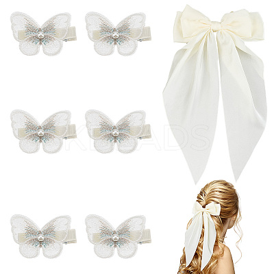 1Pc Big Bowknot Polyester Hair Barrettes & 6Pcs Butterfly Iron Alligator Hair Clips OHAR-GA0001-04-1