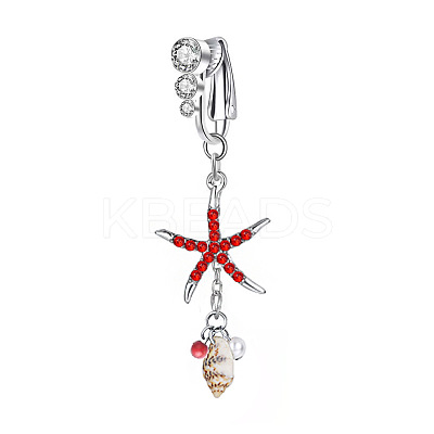 304 Stainless Steel Pave Cubic Zirconia & Plastic Pearl & Natural Shell Starfish Dangle Clip on Belly Rings FS-WG69EA3-06-1