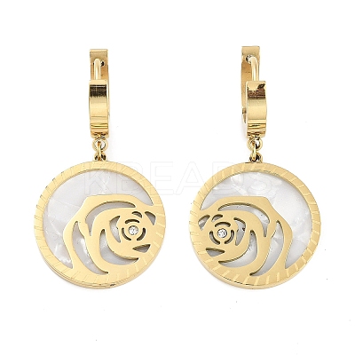 Left and Right Flat Round with Rose 304 Stainless Steel Shell Dangle Earrings EJEW-L283-070G-1