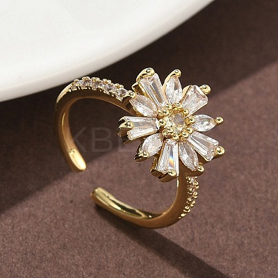 Flower Brass Micro Pave Cubic Zirconia Cuff Rings for Women RJEW-A069-01A-G-1