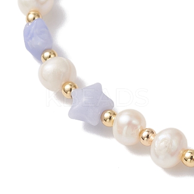 Synthetic Blue Lace Agate & Natural Cultured Freshwater Pearl & Brass Beads Stretch Bracelets for Women BJEW-JB12814-01-1