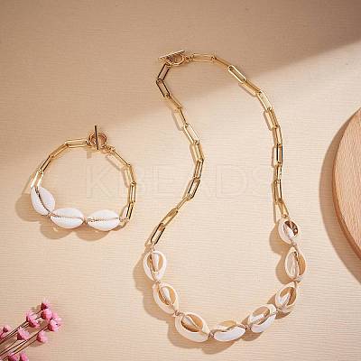 Natural Cowrie Shell Beads Pendant Necklace with Paperclip Chains for Women NJEW-SW00008-1