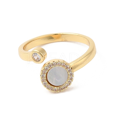 Natural Shell Flat Round Open Cuff Ring with Clear Cubic Zirconia RJEW-L106-017G-1