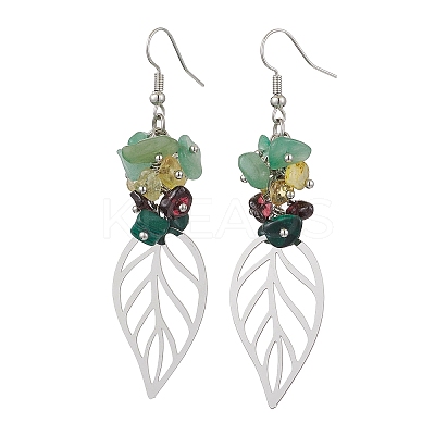 Leaf 201 Stainless Steel Natural Citrine & Natural Green Aventurine & Natural Malachite & Natural Garnet Chip Dangle Earrings EJEW-JE06138-02-1