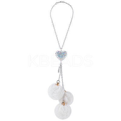 Plush Cloth Fabric Round & Polymer Clay Rhinestone Heart Pendant Hanging Ornament HJEW-DR00080-1