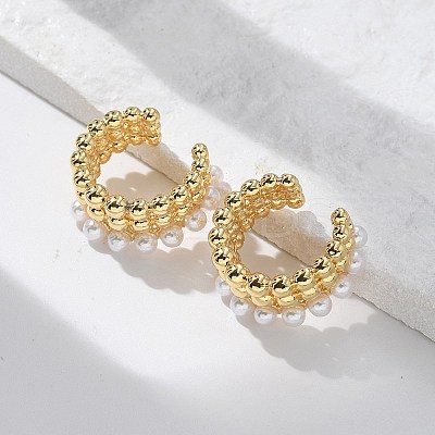 Rack Plating Brass Cuff Earrings with Plastic Pearl Beaded EJEW-D064-02G-1