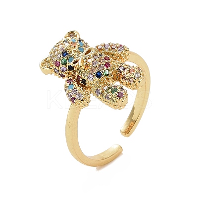 Cubic Zirconia Bear Open Cuff Ring RJEW-P083-01G-01-1