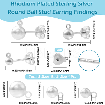 12Pcs 3 Styles Sterling Silver Round Ball Stud Earring Findings FIND-BBC0004-60-1