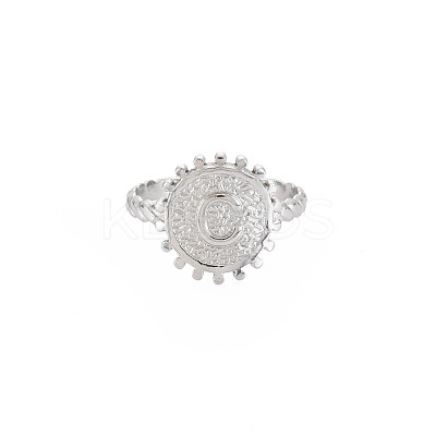 Non-Tarnish 304 Stainless Steel Flat Round with Initial Letter Open Cuff Ring for Men Women RJEW-S405-246P-C-1