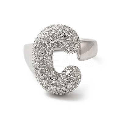 Letter Brass Micro Pave Clear Cubic Zirconia Open Cuff Ring for Women RJEW-N046-03C-P-1