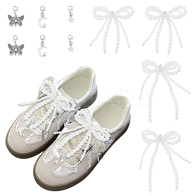 10Pcs Bowknot ABS Plastic Imitation Pearl & Alloy Shoe Charms HJEW-HY00047-1