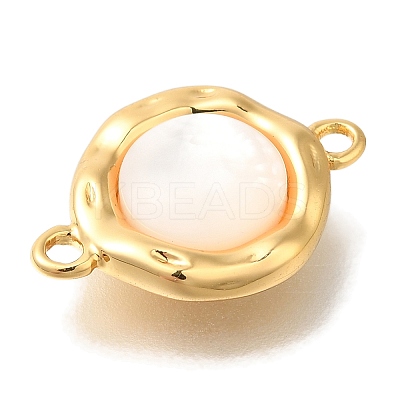 Brass Pave Natural White Shell Flat Round Connector Charms KK-K388-79G-1