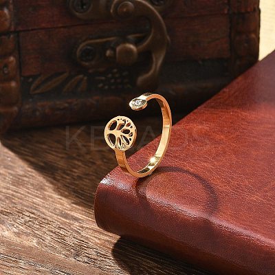 304 Stainless Steel Rhinestone Open Cuff Ring for Women LS-RJEW-F169-01G-07-1