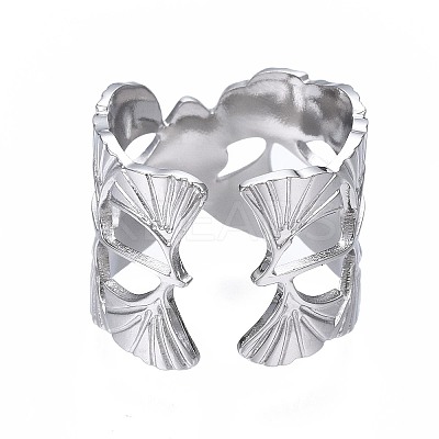 Non-Tarnish 304 Stainless Steel Ginkgo Leaf Wrap Open Cuff Ring LS-RJEW-T023-28P-1