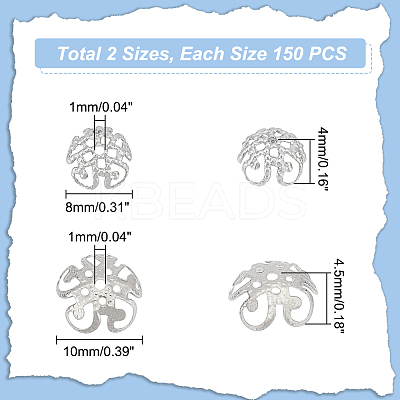 300Pcs 2 Style 5-Petal 304 Stainless Steel Bead Caps STAS-UN0042-43-1