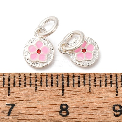 Fine Silver Pearl Pink Enamel Flat Round with Flower Charms STER-A047-04A-S-1