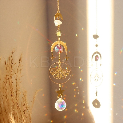Natural Rose Quartz Brass Moon & Star Hanging Ornaments LS-PW-WG80899-06-1