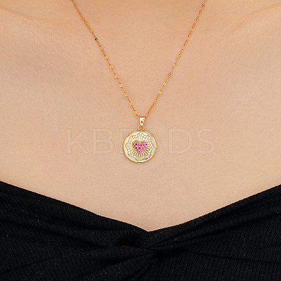 Elegant Fashion Brass Clear & Hot Pink Cubic Zirconia Circle Heart Pendant Necklaces for Women RR6975-1-1